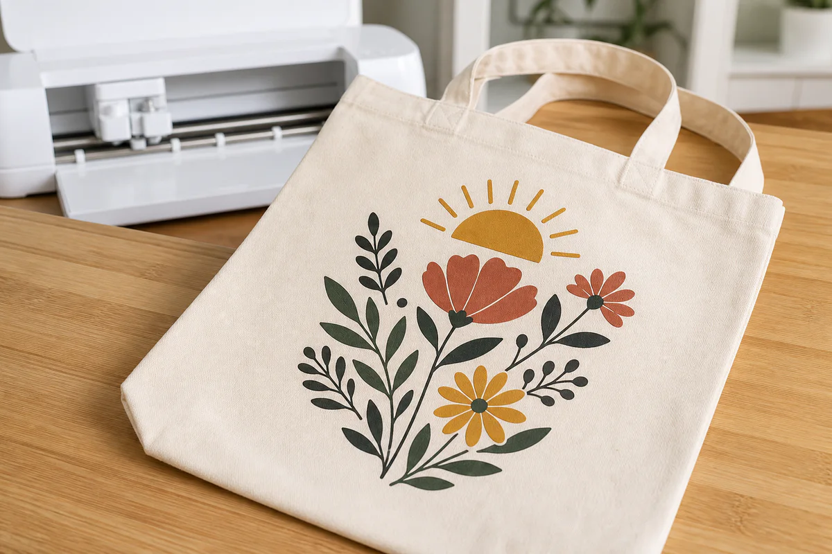Canvas tote bag with a layered floral vinyl design beside a cutting machine