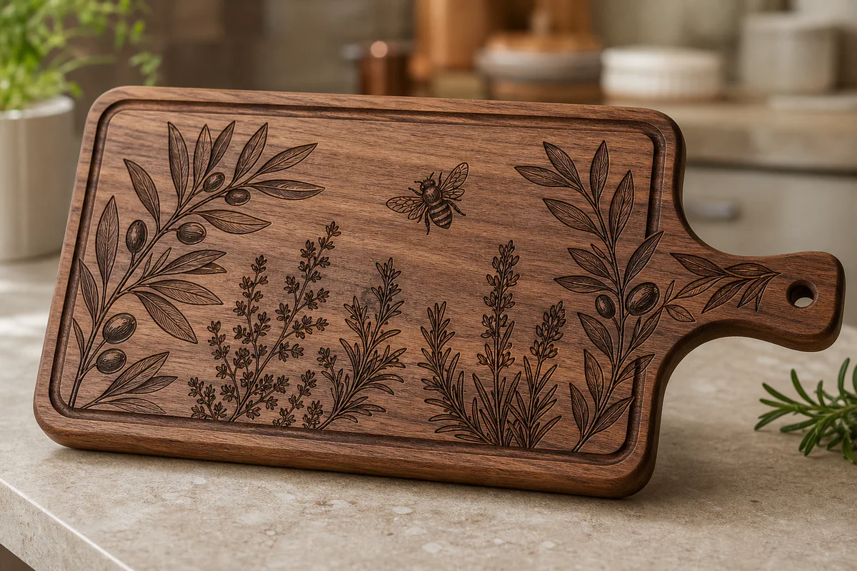 Walnut serving board with deeply laser-engraved botanicals and a bee