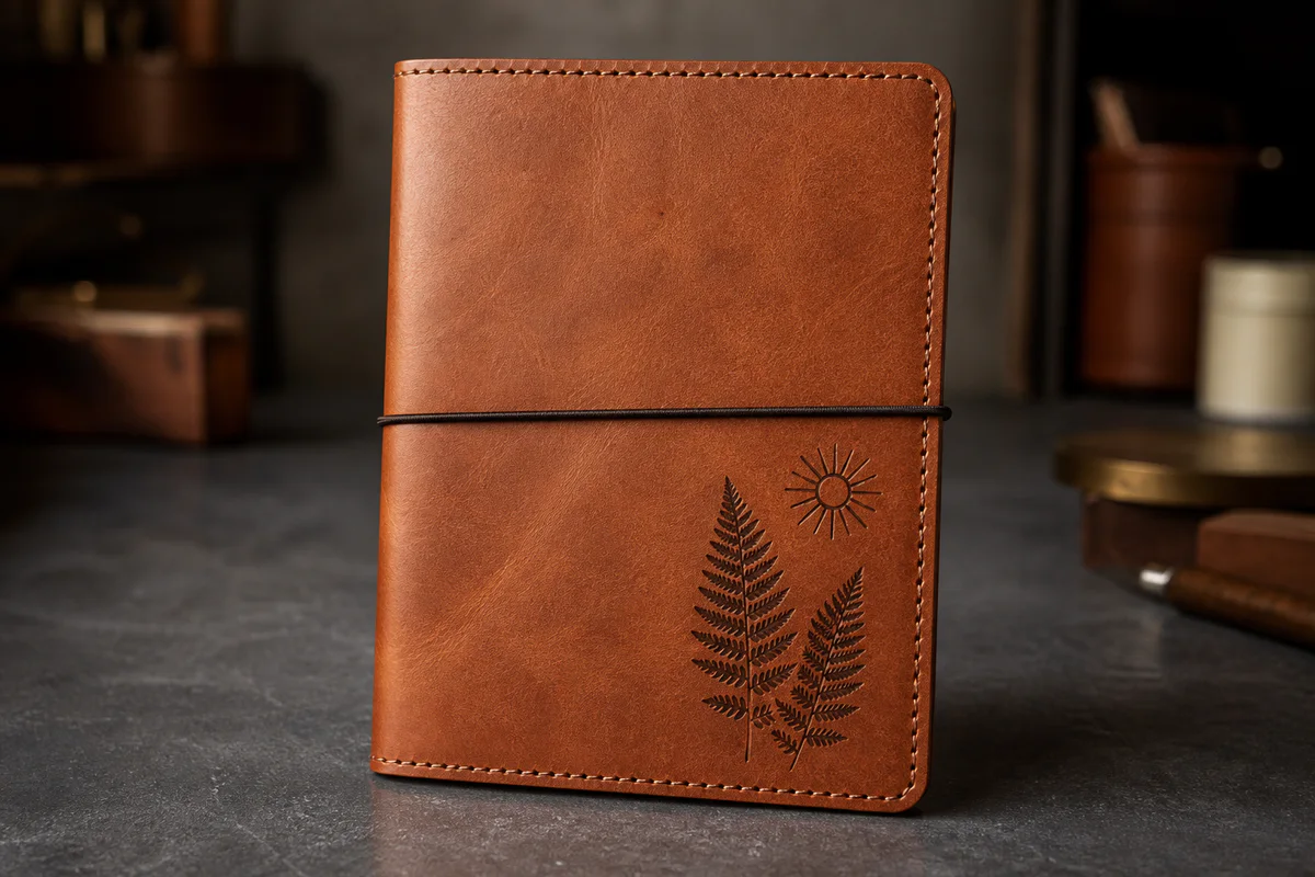 Cognac leather journal with laser-engraved ferns and a sun
